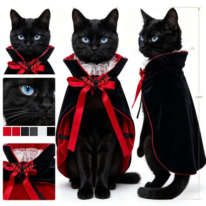 Halloween Vampire Theme Pet Costume Cape for Dogs & Cats - Black Red Velvet Dracula Cloak with Stand Collar, Lace, Bat Bow, Adjustable Straps, Festive Look Party Apparel, Dog Clothes, Dogaccessories, Cool Dog Stuff, Pettticoat, Cat Stuff,,Familyfun