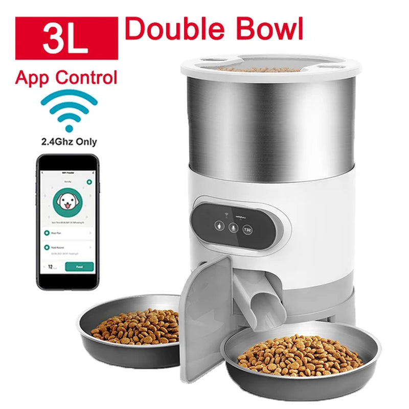 Cat Timing Feeder Smart APP Cat Feeder Stainless Steel Double Meal Pet Food Remote Feeding Automatic Dispenser Suitable Cats Dog