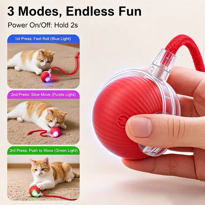 Interactive Usb-Rechargeable Smart Rolling String Cat Toy Ball - Light-Up, Quiet Adjustable Mode, Bite-Wear Resistant, Shatterproof, Non-Toxic, Replaceable Wavy-Texture Shell, 8-Color Indoor Kitten Hunting Toy with Bird Sound Automatic Moving