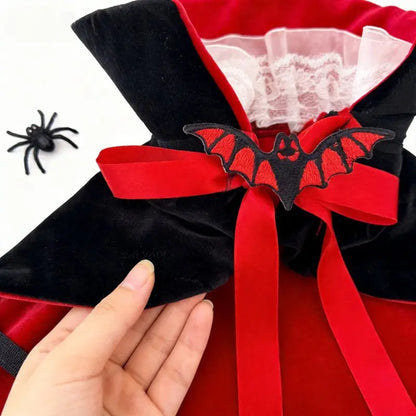 Halloween Vampire Theme Pet Costume Cape for Dogs & Cats - Black Red Velvet Dracula Cloak with Stand Collar, Lace, Bat Bow, Adjustable Straps, Festive Look Party Apparel, Dog Clothes, Dogaccessories, Cool Dog Stuff, Pettticoat, Cat Stuff,,Familyfun