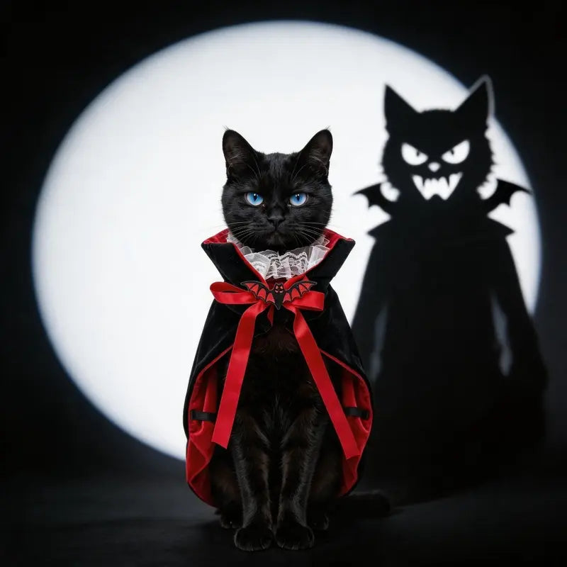 Halloween Vampire Theme Pet Costume Cape for Dogs & Cats - Black Red Velvet Dracula Cloak with Stand Collar, Lace, Bat Bow, Adjustable Straps, Festive Look Party Apparel, Dog Clothes, Dogaccessories, Cool Dog Stuff, Pettticoat, Cat Stuff,,Familyfun