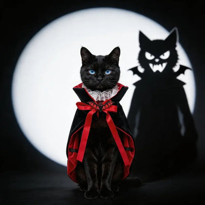 Halloween Vampire Theme Pet Costume Cape for Dogs & Cats - Black Red Velvet Dracula Cloak with Stand Collar, Lace, Bat Bow, Adjustable Straps, Festive Look Party Apparel, Dog Clothes, Dogaccessories, Cool Dog Stuff, Pettticoat, Cat Stuff,,Familyfun